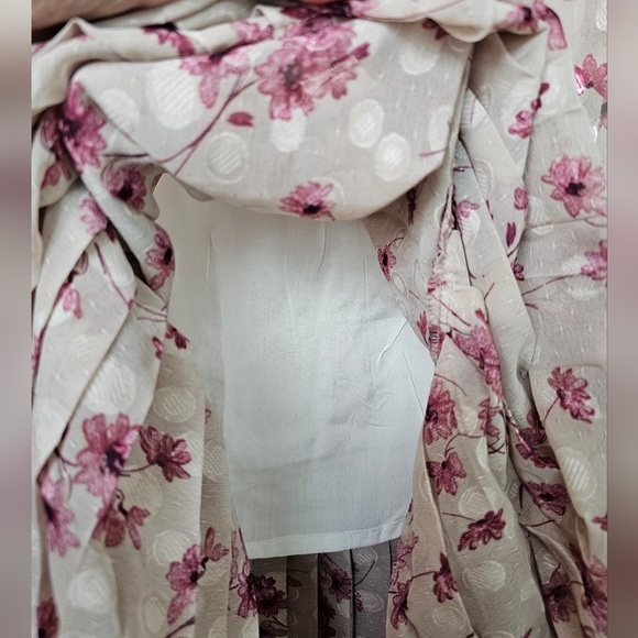 Lulus Terrace Views Taupe/ Pink Floral Print Tiered Midi w Tying Shoulder Straps - Picture 12 of 14